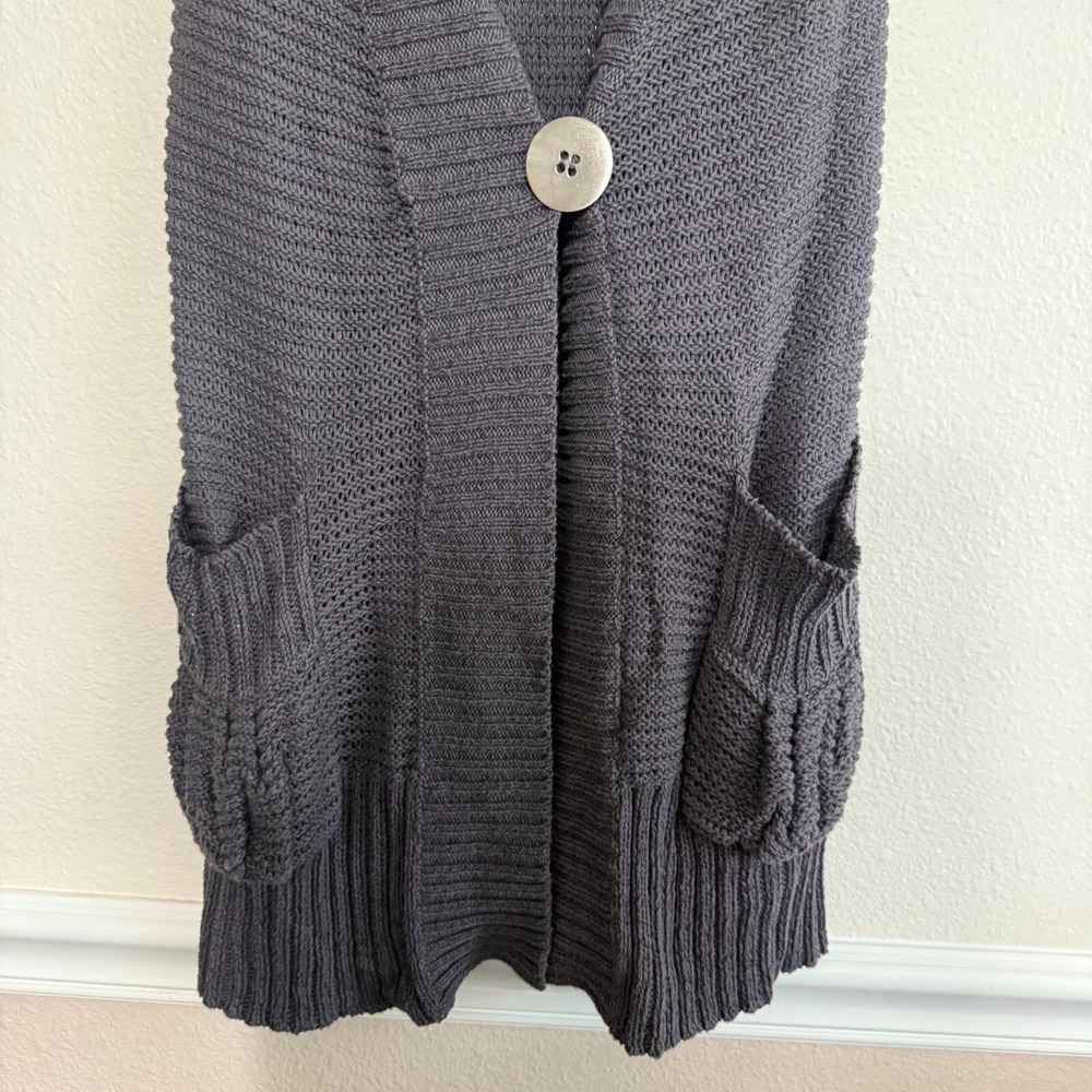 Free People Cardigan Women Medium Gray Knit Short Puff Sleeve One-Button Sweater - Picture 5 of 6